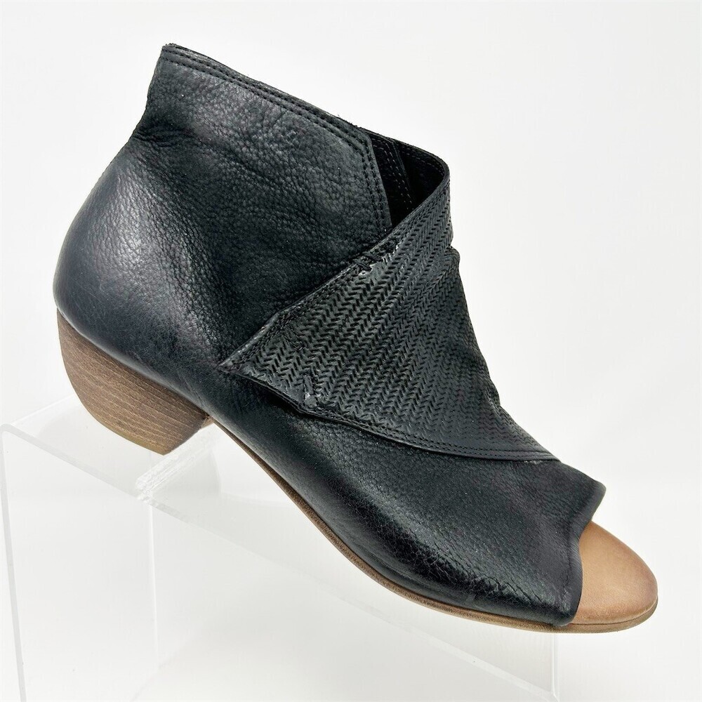 Miz Mooz Camp Ankle Booties Womens Black Peep Toe Side Zip Low Block Heel 40